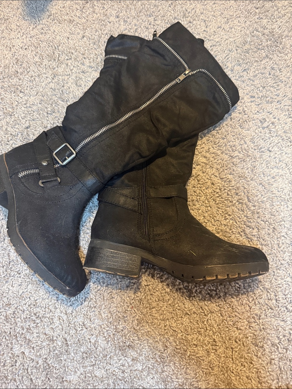 Women's Black Mid-Calf Riding Boots with Buckle and Side Zipper